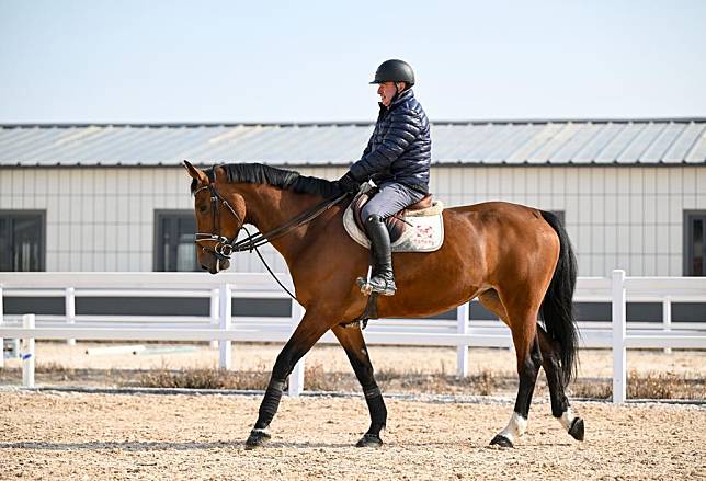 Belgian equestrian coach Philippe Le Jeune trains a young horse. (Xinhua/Feng Kaihua)