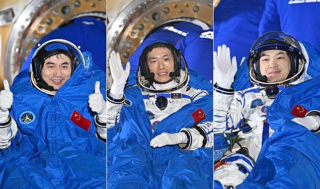 In this combo photo, astronauts Ye Guangfu, Li Cong and Li Guangsu (from L to R) are out of the return capsule of the Shenzhou-18 manned spaceship at the Dongfeng landing site in north China's Inner Mongolia Autonomous Region, Nov. 4, 2024. (Xinhua/Li Xin)