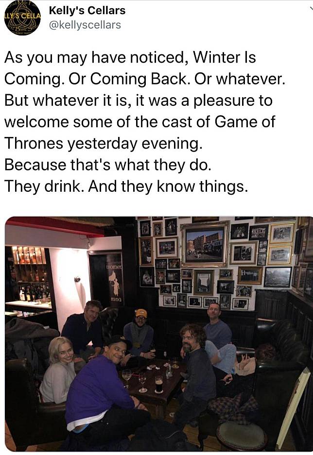 《冰與火之歌：權力遊戲》演員在戲外曾到Kelly's Cellars喝一杯。（翻攝自Kelly's Cellars 官方twitter）