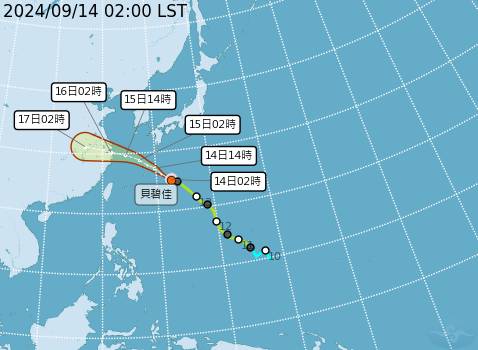 貝碧佳颱風週日當天最接近台灣，各地仍須注意短暫陣雨。 圖片來源/氣象署