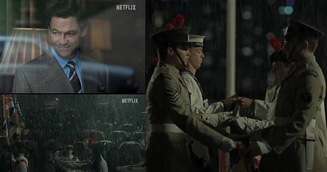 《王冠5》首條預告片出現1997年香港回歸主權交接儀式的鏡頭，左上圖為杜明尼衛斯飾演的查理斯王子。（視頻截圖）