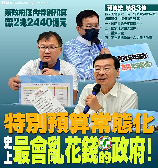 在野黨抨擊民進黨政府是「史上最會亂花錢的政府」。(取自國民黨立法院黨團FB)