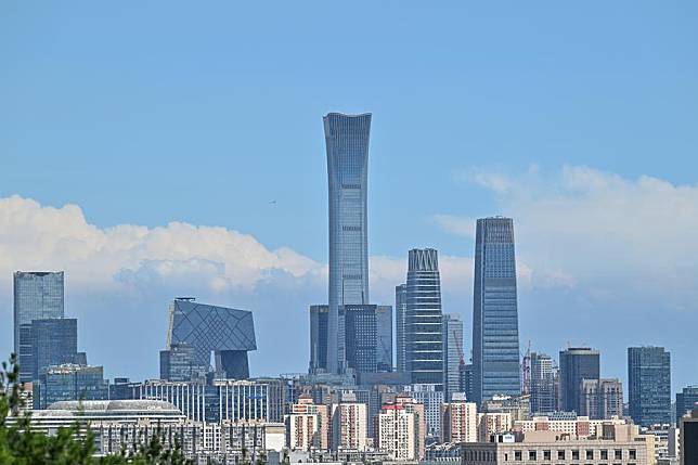 This photo taken from Jingshan Hill on Aug. 12, 2024 shows the skyscrapers of the central business district (CBD) on a sunny day in Beijing, capital of China. (Xinhua/Li Xin)