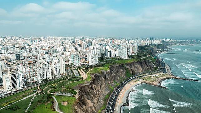 An aerial drone photo shows a view of Miraflores in Lima, Peru, Oct. 9, 2024. (Xinhua/Li Muzi)