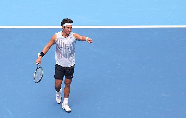 Buyunchaokete of China celebrates victory after the men's singles first round match against his compatriot Shang Juncheng at 2024 China Open tennis tournament in Beijing, on Sept. 27, 2024. (Xinhua/Bai Xuefei)