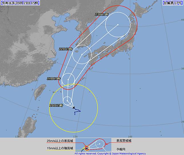 塔巴颱風明後天離台最近，外圍環流將為北部、東北部帶來降雨，週日將撲向日韓。(圖擷自日本氣象廳)