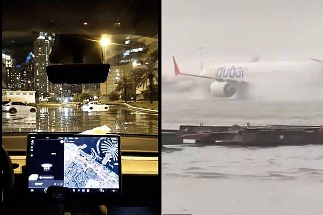 阿拉伯地區遇75年來最大暴雨！杜拜飛機名車水上漂，全城泡水震撼影片曝光。（翻自《每日郵報》）