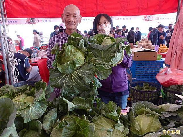 販毒判刑14年的張清誥，出獄後經營「更生蔬菜農場」，今天由女兒陪同賣自己種植的高麗菜。(記者張瑞楨攝)