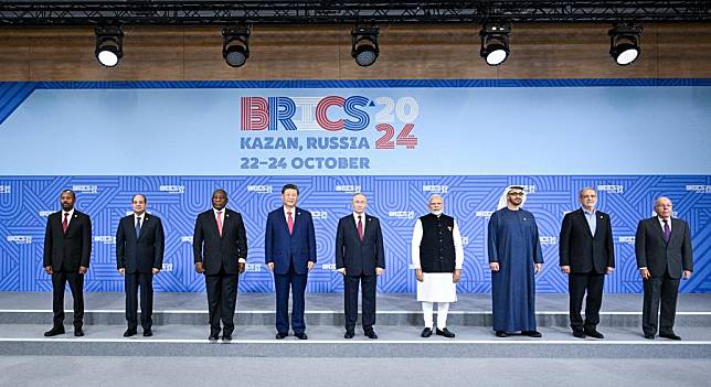 Leaders of BRICS countries pose for a group photo during the 16th BRICS Summit in Kazan, Russia, Oct. 23, 2024. (Xinhua/Li Xueren)