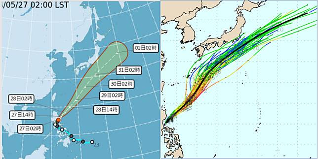 吳德榮表示，氣象署「路徑潛勢預測圖」(左圖)顯示，「艾維尼」逐漸增強中，預測行徑與最新歐洲系集模式模擬(右圖)類似，在呂宋島東方海面，向東北逐漸加速遠離。(右圖擷自weathernerds)