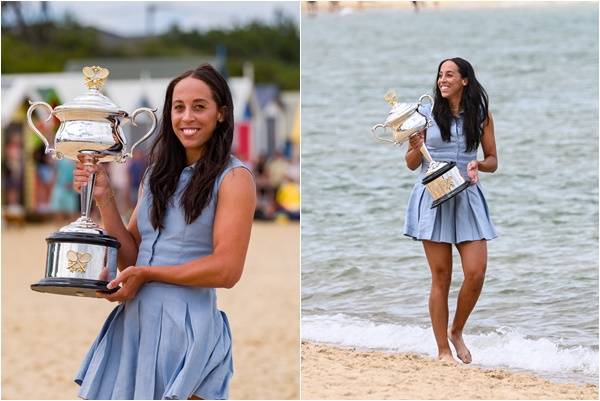 凱絲（Madison Keys）自豪地展示了她剛剛贏得的澳洲公開賽獎盃。摘自WTA推特