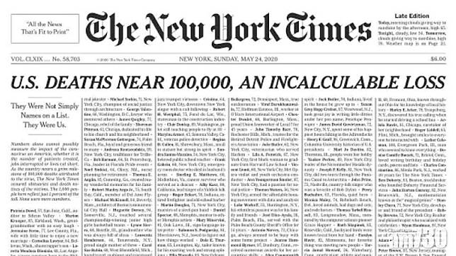 美近10萬人染疫亡 紐時頭版刊死者名單
