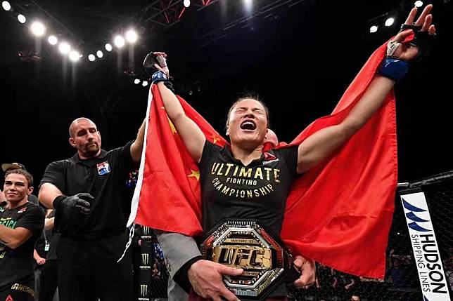 Zhang Weili celebrates her strawweight title win at UFC Shenzhen. Photo: Brandon Magnus/Zuffa