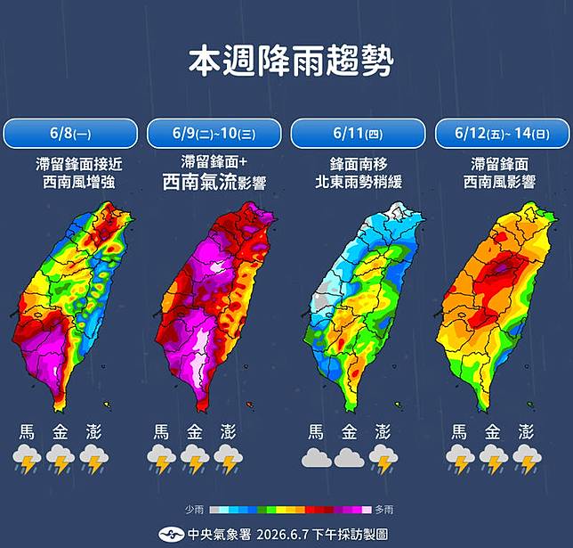 本週降雨趨勢。(圖由氣象署提供)