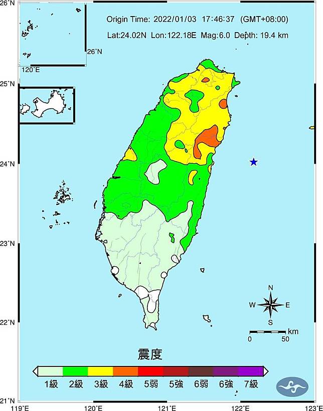 今晚約5點46分於花東外海發生芮氏規模6.0地震，圖中橙色色塊為震度達4級區域。(氣象局提供)