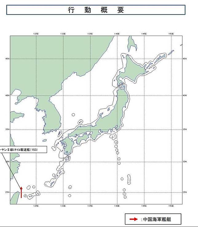 日本防衛省統合幕僚監部揭露，中共1艘軍艦昨日取道宜蘭東部外海北上。(擷取自日本防衛省統合幕僚監部網站)