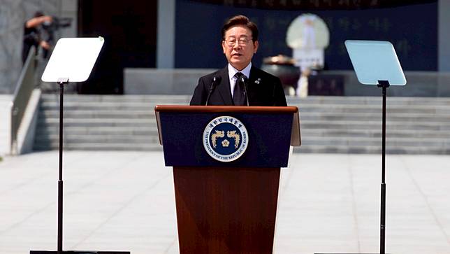 圖為2025年6月6日，南韓總統李在明出席顯忠日紀念活動，並發表談話。美聯社資料照