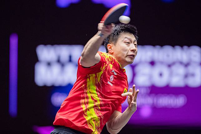 Ma Long of China hits a return during the men's singles semifinal against Alexis Lebrun of France at the WTT Champions Macao 2023 in Macao, south China, April 22, 2023. (Xinhua/Cheong Kam Ka)