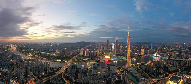 This aerial photo taken on June 10, 2023 shows the night view of the urban areas in Guangzhou, south China's Guangdong Province. (Xinhua/Liu Dawei)