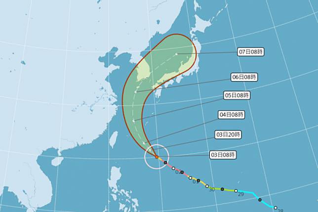 中央氣象局表示，今年第25號颱風「康芮」3日上午已減弱為中度颱風，且路徑略為東修，對台威脅降低，發布海警機率也相對減少。（取自中央氣象局）