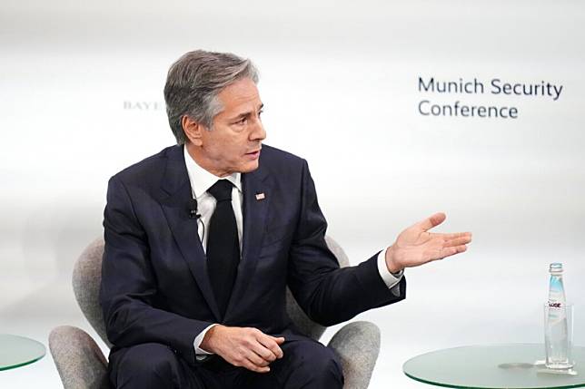 2023年2月18日，美國國務卿布林肯（Antony Blinken）出席慕尼黑安全會議（Munich Security Conference）。（AP）