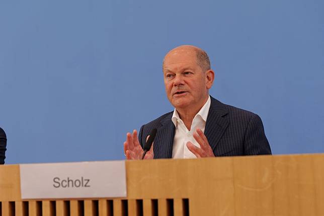 German Chancellor Olaf Scholz speaks at a press conference in Berlin, Germany, on July 24, 2024. (Xinhua/Li Hanlin)