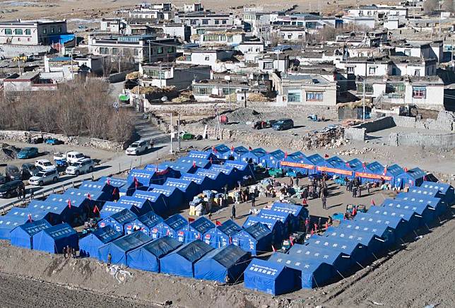 An aerial drone photo taken on Jan. 11, 2025 shows a temporary resettlement site in Pucun Village of Sagya County in Xigaze City, southwest China's Xizang Autonomous Region. (Xinhua/Li Xiang)