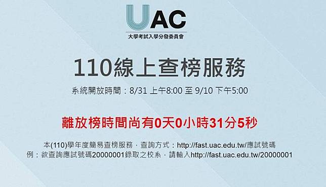 大學考試入學分發委員會預計今(31日)上午8點公布110學年大學考試入學分發結果。(圖取自大學考分會網站)