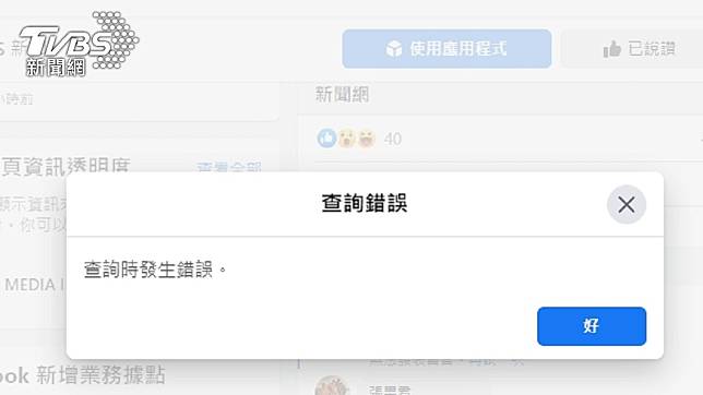 臉書留言失敗跳出查詢錯誤畫面。（圖／TVBS）