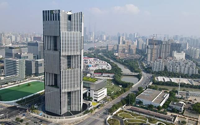 This aerial photo taken on Sept. 28, 2021 shows the headquarters building of New Development Bank (NDB) in east China's Shanghai. (Xinhua/Fang Zhe)