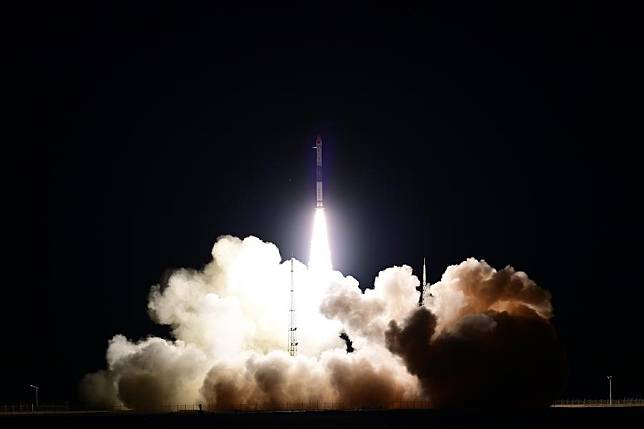 A Kuaizhou-1A carrier rocket carrying four meteorological satellites blasts off from the Jiuquan Satellite Launch Center in northwest China, Jan. 5, 2024. (Photo by Wang Jiangbo/Xinhua)