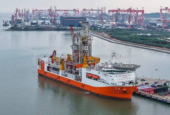 An aerial drone photo taken on Nov. 17, 2024 shows the Meng Xiang, China's first domestically designed and built deep-ocean drilling vessel, in Guangzhou, south China's Guangdong Province. (Xinhua/Liu Dawei)