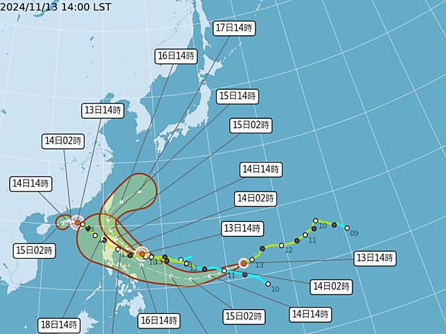 氣象署預估，天兔颱風明天清晨發海警，明天下半天發陸警。（圖：氣象署網站）