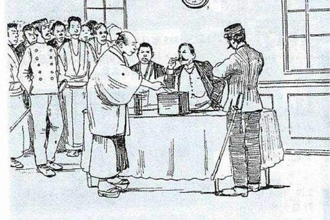 這是描寫1890年（明治23年）7月1日，《大日本帝國憲法》公佈後，日本舉行第一次投票時投票所的場景。（作者賈忠偉提供）