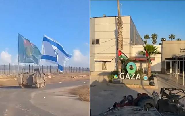 以色列軍方宣布佔領加薩走廊南部大城拉法，封鎖過境點，社群平台出現許多以色列國旗與坦克車在拉法的畫面。（圖／翻攝自Ｘ）