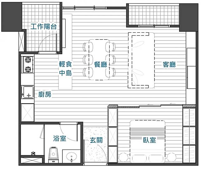 ▲僅以櫃子、拉門、吧台、沙發等劃分動線，讓單一空間裡能有明確的場域分別，同時提升坪效。