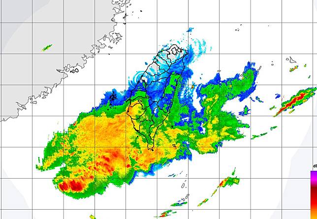 這波鋒面還在台灣上空，天氣不穩，下周二又有新鋒面報到。（圖：中央氣象署官網）