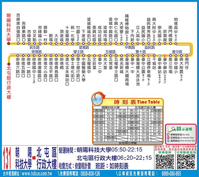 131路公車路線時刻圖。   圖：台中市政府／提供