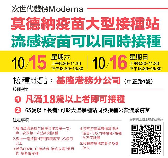 市府10/15.16在基隆港務分公司一樓，開設次世代雙價莫德納大型接種站，滿18歲以上民眾即可接種疫苗，隨到隨打，65歲以上長者，還可同步接種公費流感疫苗。(記者鄭鈞云翻攝)