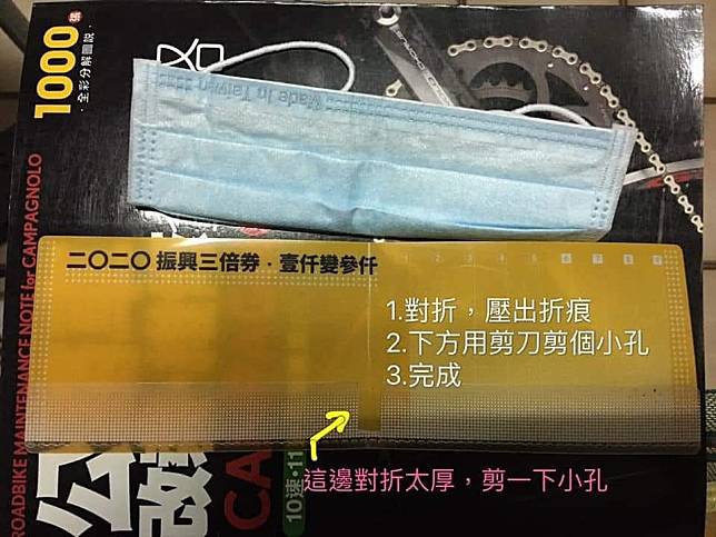 網友分享三倍券塑膠套做成「口罩收納夾」的步驟。（圖片來源／Xu Nini臉書）
