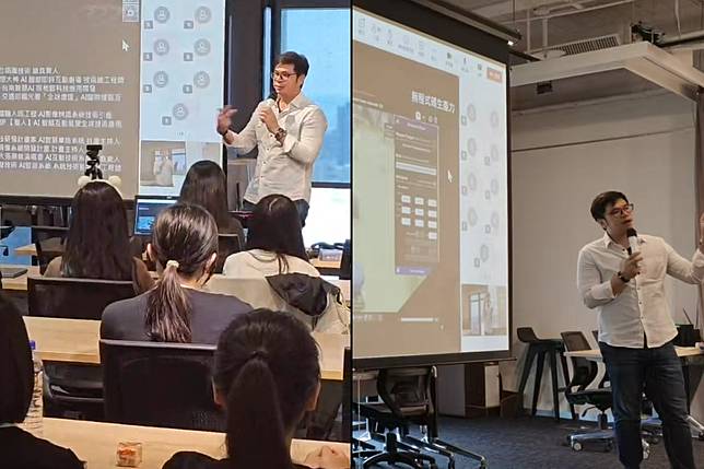 光立方科技執行長蔡盛財於《影響力講堂》中精彩開講，以「生成式AI時代來臨」為題，現場實演最新AI工具與虛擬分身應用，引導參與者掌握職場新趨勢。（圖／影響力教育基金會）