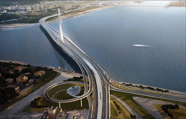 淡江大橋建設計畫總經費計230.38億元，完工通車後將有效串連淡水河左右兩岸交通路網。（新北市工務局提供）