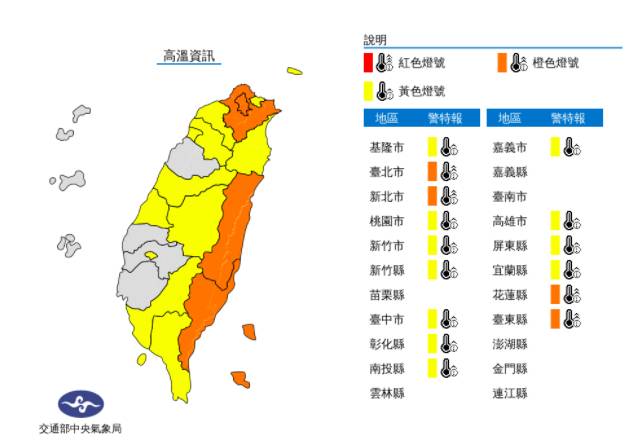 15縣市發布高溫警示，台北市、台東縣恐飆38度高溫。（翻攝自氣象局）