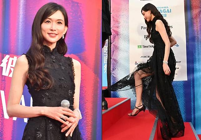 林志玲昨現身橫濱國際電影節，一襲黑紗長裙露美腿。翻攝ORICON NEWS、《每日體育》