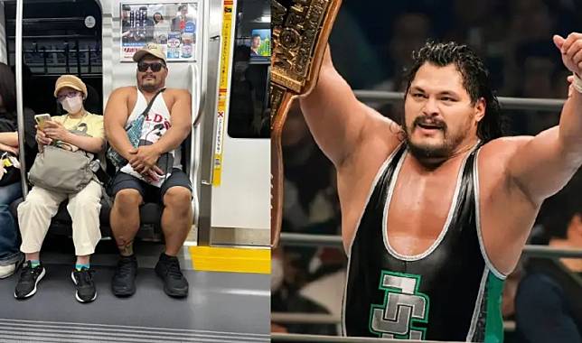 職業摔角選手柯布（Jeff Cobb）搭乘日本電車時努力縮小自己的身軀，避免妨礙到身旁乘客，引發許多迴響。（圖／翻攝自Ｘ）