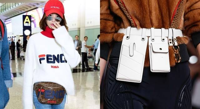 女星愛用的腰包，今冬跨到明天春夏，流行是變形款的「水電工包」。(翻攝自蔡依林粉絲團@weibo、Vogue Runway)