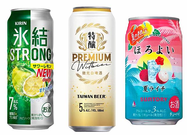從左到右：KIRIN冰結STRONG沙瓦檸檬500ml.PNG、台啤特釀微光白啤酒500ml.png、三得利微醉雞尾酒-夏日荔枝350ml.jpg風味(圖片提供/7-ELEVEN)