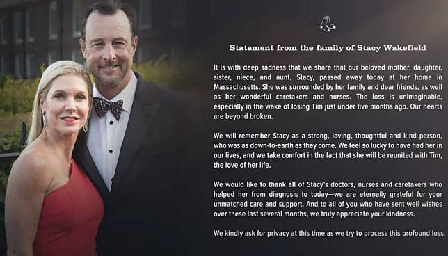 美職波士頓紅襪「蝴蝶球大師」Tim Wakefield腦癌病逝後5個月，遺孀今(29)日傳出也不幸因胰臟癌離世。（圖／取自紅襪隊X）