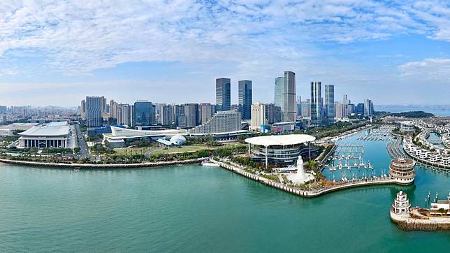 An aerial panoramic drone photo taken on Jan. 24, 2024 shows a coastal view of Xiamen, east China's Fujian Province. (Xinhua/Jiang Kehong)