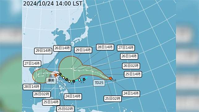 潭美颱風恐迴轉，另一個熱帶性低氣壓有增強為颱風趨勢。圖／翻攝自中央氣象署
